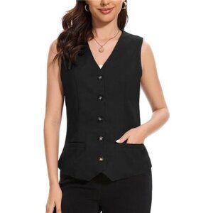 Womens Linen Vest Waistcoat Lightweight V Neck Black